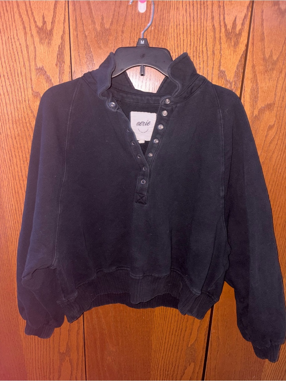 aerie Black Snap-Front Henley Pullover Sweatshirt